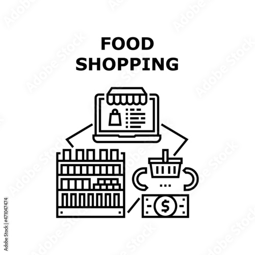 Food Shopping Vector Icon Concept. Food Shopping In Grocery Market, Choosing Vegetables And Fruits On Shelves In Shop. Online Order Nourishment And Delivery Service Black Illustration