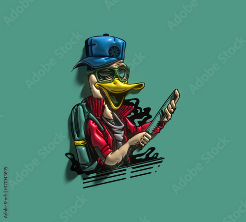 Duck thief cartoon holding knife in his hand concept for 3D t-shirt print illustration.