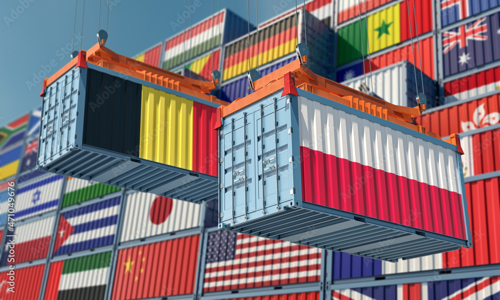 Freight containers with Belgium and Poland national flags. 3D Rendering 