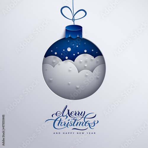 Merry Christmas banner, holiday design, paper Xmas tree toy decoration with snowflakes, snow, text merry christmas, blue background for greeting card, poster, paper cut out style, vector illustration