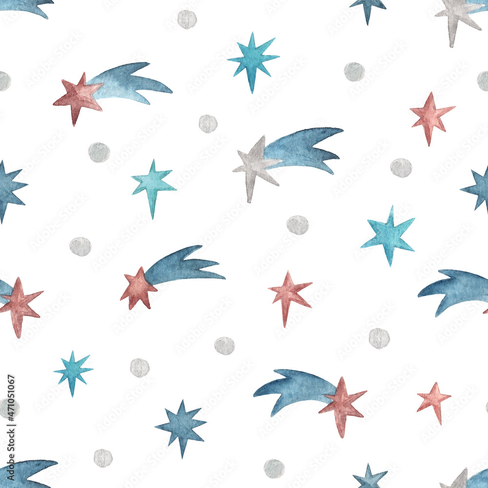 Watercolor background with falling stars and stars. Hand painted illustration can be used for packaging, wrapping paper, textile, home decor Watercolor background with falling stars and stars. Hand painted illustration can be used for packaging, wrapping paper, textile, home decor