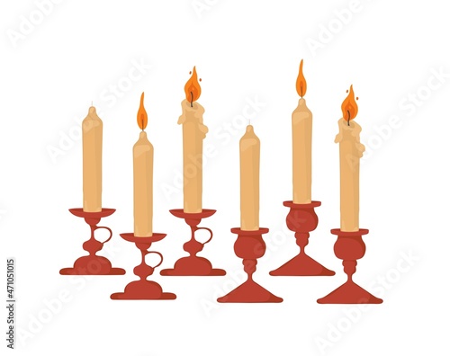 Holiday decorations. Metal candlesticks. Candelabra. Candles. Cozy interior, house. Romance. Vector isolated colorful element on a white background. 