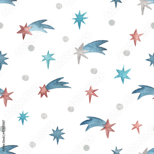 Watercolor background with falling stars and stars. Hand painted illustration can be used for packaging, wrapping paper, textile, home decor