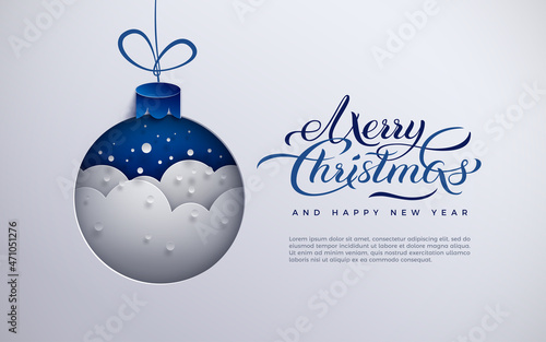 Merry Christmas banner, holiday design, paper Xmas tree toy decoration with snowflakes, snow, text merry christmas, blue background for greeting card, poster, paper cut out style, vector illustration photo