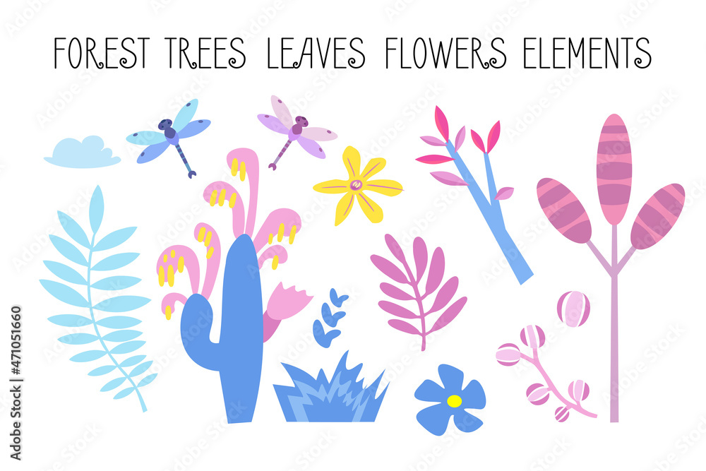 Vector set of flat illustrations. Plants, trees, leaves, flowers, elements of tropical, prehistory Dino forest. Flat cartoon vector illustration. Vector set of flat illustrations. Plants, trees, leaves, flowers, elements of tropical, prehistory Dino forest. Flat cartoon vector illustration.