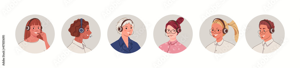Customer service representative, hotline operators advise client. Call processing system. Vector flat cartoon illustration with set of avatars of people in headphones with microphone. Customer service representative, hotline operators advise client. Call processing system. Vector flat cartoon illustration with set of avatars of people in headphones with microphone.