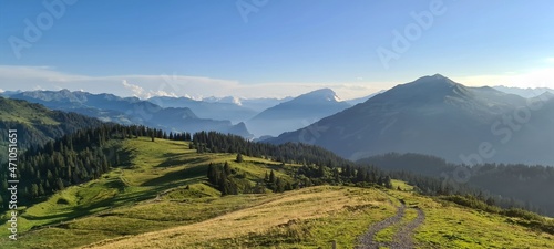 Mountain panorama of the Ratikon Alps in the evening during a hike across Austria and Switzerland.