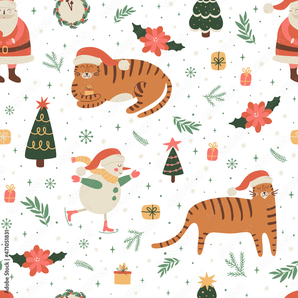 Naklejka premium Christmas tiger pattern. New Year tiger print. Cute childish Santa Claus character, tiger, Christmas tree, gifts, snowflakes, branches, flowers Christmas background. New Year 2022 vector illustration.