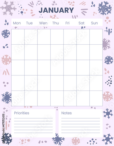 January Printable Monthly planner, organizer. Winter background. Holidays, Christmas. Notes, to do list. Time management planning sheets. Pre-made stationery organizers. 