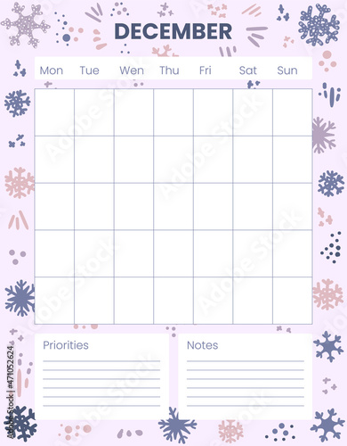 December Printable Monthly planner, organizer. Winter background. Holidays, Christmas. Notes, to do list. Time management planning sheets. Pre-made stationery organizers. 