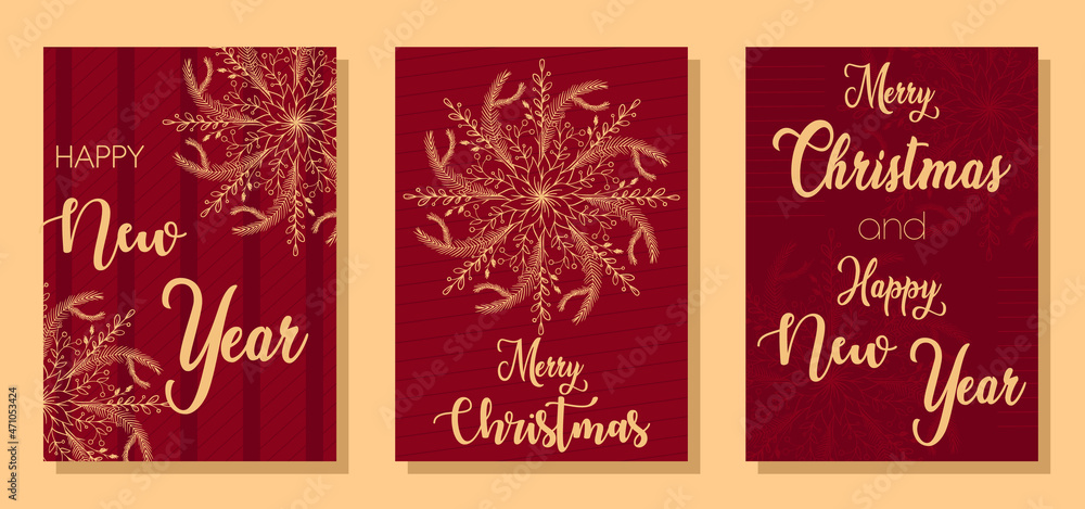 Christmas, New Year greeting cards in red, classic, burgundy, gold, Christmas night, snowflakes, letter, happy holidays, winter celebrations
