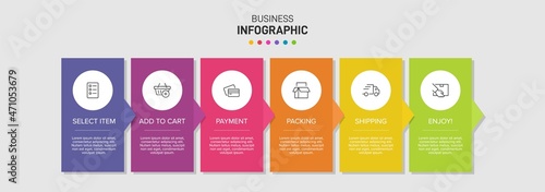 Concept of shopping process with 6 successive steps. Six colorful graphic elements. Timeline design for brochure, presentation, web site. Infographic design layout.