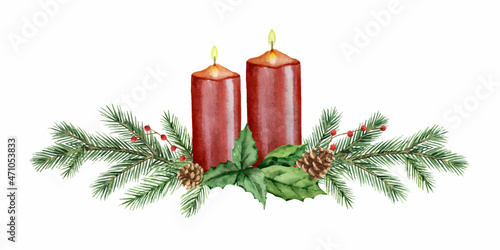 Watercolor vector Christmas card with red candles and fir branches.