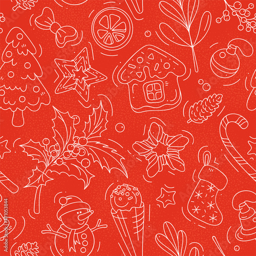 Seamless pattern with white linear Christmas symbols isolated on red background. Colorful template of background for holidays. © Yulia Ogneva