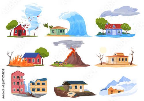 Natural disasters set vector cartoon illustration. Collection damage catastrophe tornado, storm