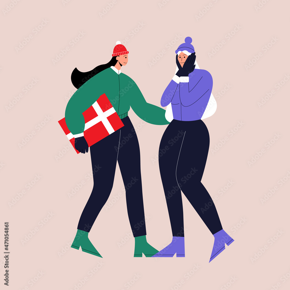 A girl gives a surprise gift to her embarrassed girlfriend for the new year. Happy couple celebrating Christmas, New Year. The concept of preparing for the holidays, giving gifts. Vector. Eps 10.