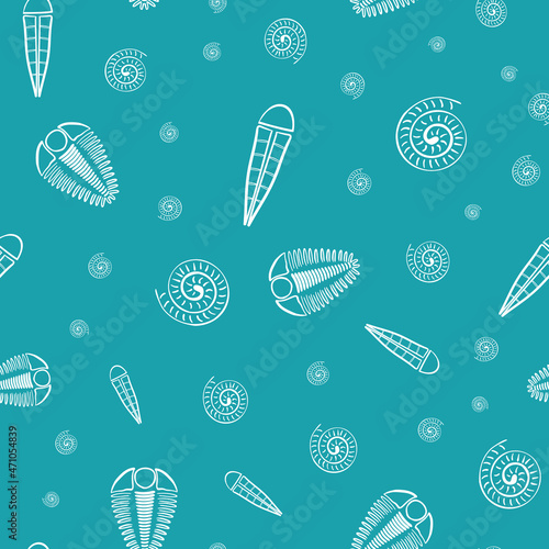 Ammonite trilobite haplophrentis vector seamless pattern background. Hand drawn shell cephalopod, arthropod, hyolithis ribbed fossils Extinct marine predators and filter feeders. For natural history