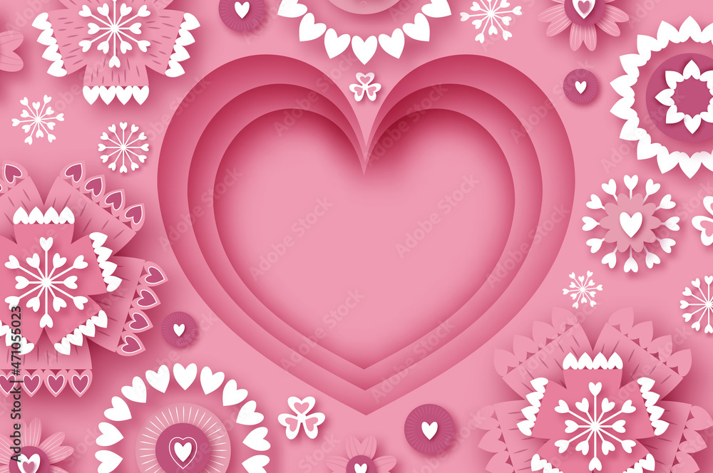 Happy Valentine's Day. Abstract Pink Floral Greeting card. International Happy Women's Day. 8 March holiday paper cut style. Heart paper craft frame Flowers. Happy Mother's Day. Space for text.