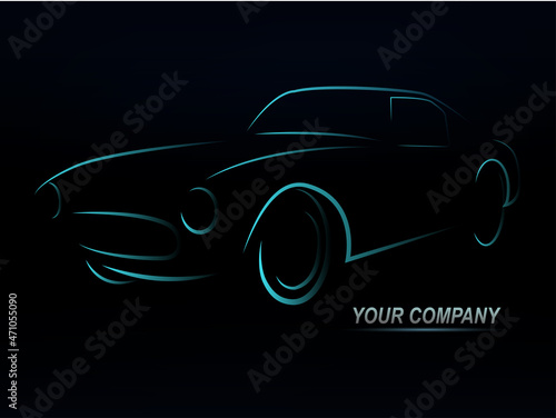 Silhouette of car with burning lights on a black background. illustration.ESP10