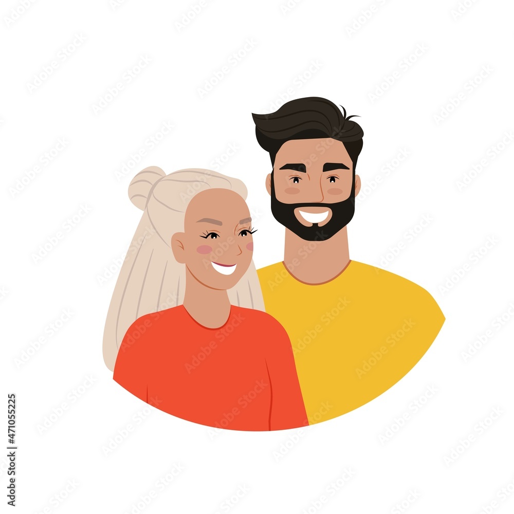 Beautiful couple, young woman and man, portraits. Vector illustration in flat style. Beautiful couple, young woman and man, portraits. Vector illustration in flat style.