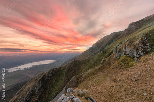 View of Matese lake from mountain top at sunset, Caserta, Southern Italy, Campania, Italy. photo