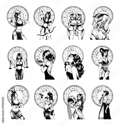 Zodiac signs with women. Black and white illustrations of astrological symbols.