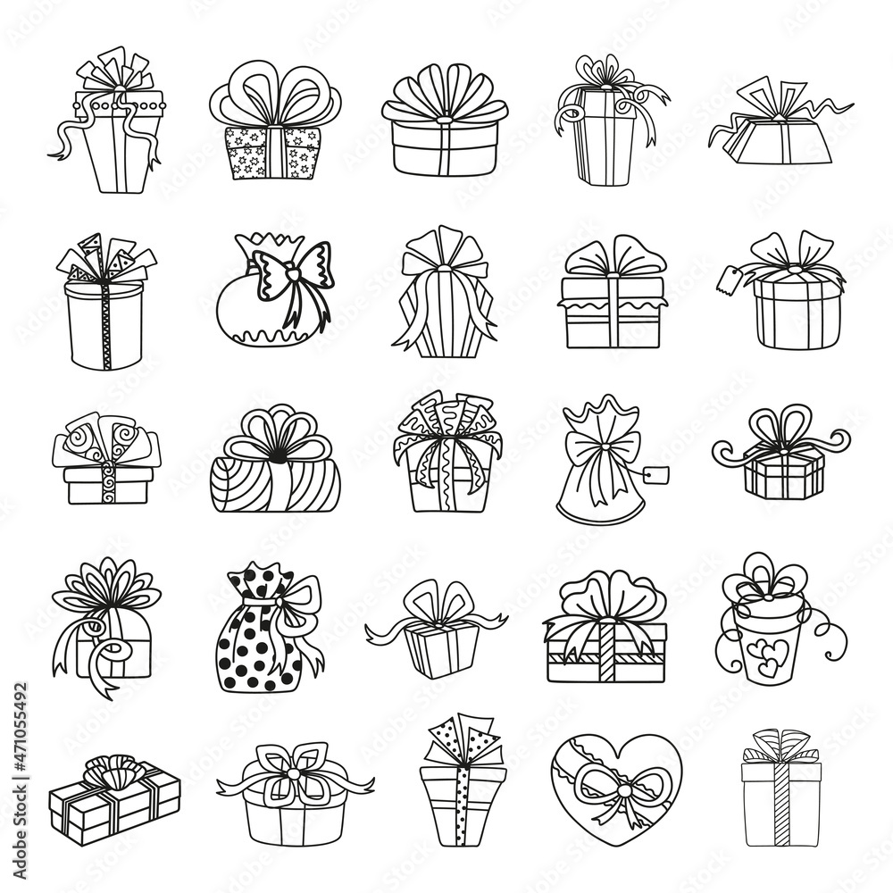 Naklejka premium Collection of monochrome illustrations of gift boxes in sketch style. Hand drawings in art ink style. Black and white graphics.
