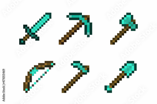 Pixel diamond tools and weapons templates. Gaming tools concept. Pixel diamond sword, bow, pickaxe, ax, shovel, hoe. Vector illustration EPS 10.