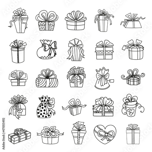 Collection of monochrome illustrations of gift boxes in sketch style. Hand drawings in art ink style. Black and white graphics.