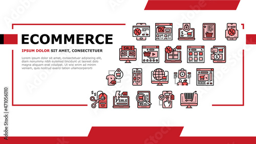 Ecommerce And Online Shopping Landing Web Page Header Banner Template Vector. Ecommerce Smartphone Application And Online Payment, Electronic Purchase Choosing Product, Discount And Sale Illustration