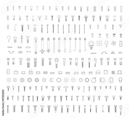 Fototapeta Collection of perfectly linear icons of fasteners and screws.