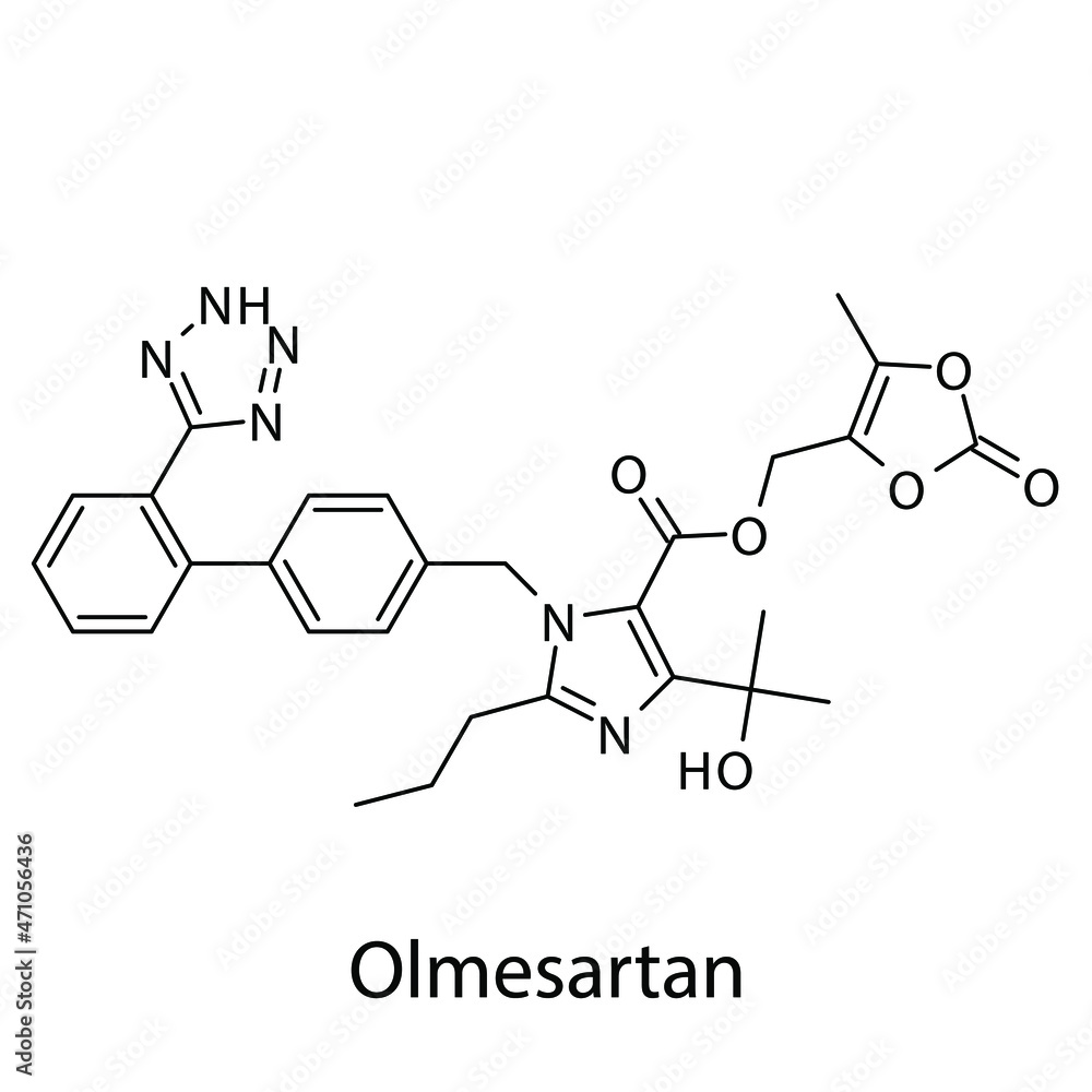 Olmesartan molecular structure, flat skeletal chemical formula. Angiotensin receptor blocker drug used to treat Hypertension, Heart failure, CAD. Vector illustration.
