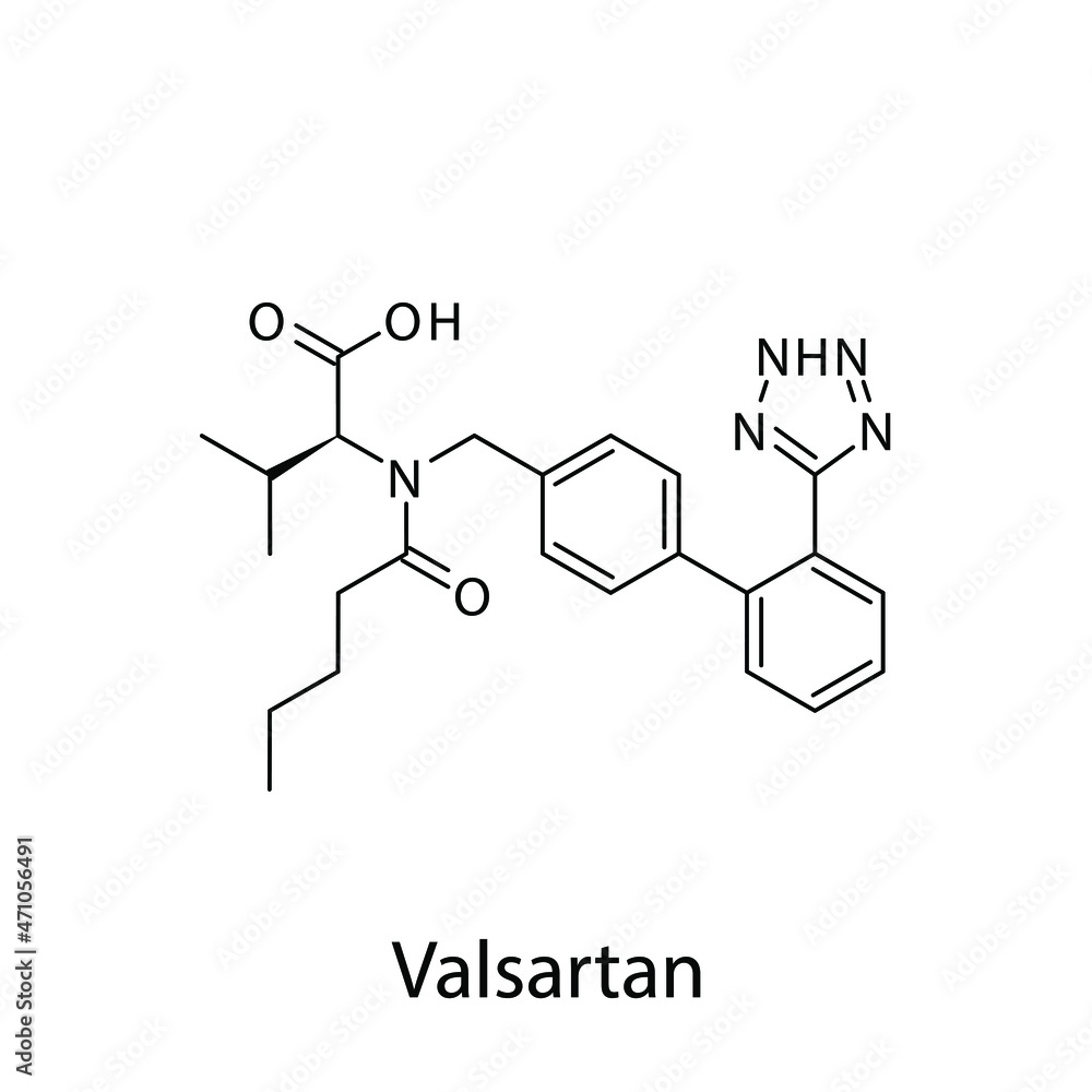 Valsartan molecular structure, flat skeletal chemical formula. Angiotensin receptor blocker drug used to treat Hypertension, Heart failure, CAD. Vector illustration. Valsartan molecular structure, flat skeletal chemical formula. Angiotensin receptor blocker drug used to treat Hypertension, Heart failure, CAD. Vector illustration.