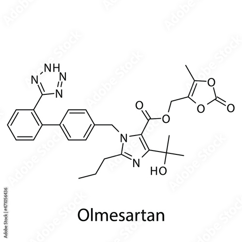 Olmesartan molecular structure, flat skeletal chemical formula. Angiotensin receptor blocker drug used to treat Hypertension, Heart failure, CAD. Vector illustration.