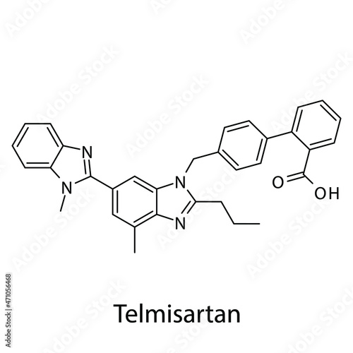 Telmisartan molecular structure, flat skeletal chemical formula. Angiotensin receptor blocker drug used to treat Hypertension, Heart failure, CAD. Vector illustration. photo