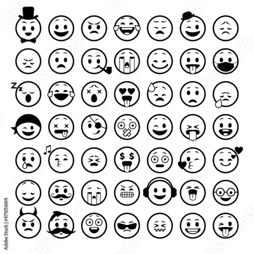 Set of smiley faces with positive and negative emotions. Emoji icon. Emoticon sign. Vector illustration.