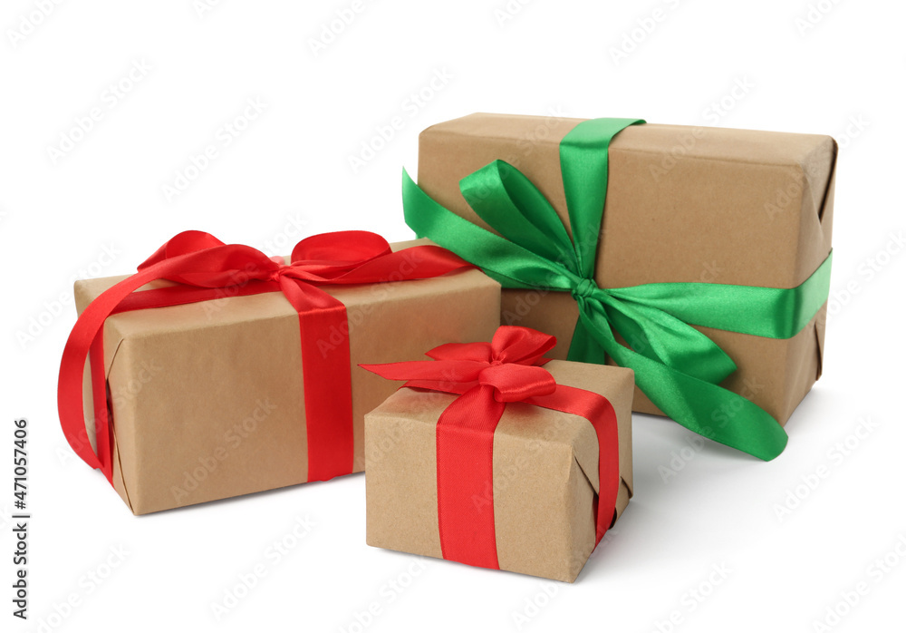 Obraz premium Different beautifully wrapped gift boxes on white background