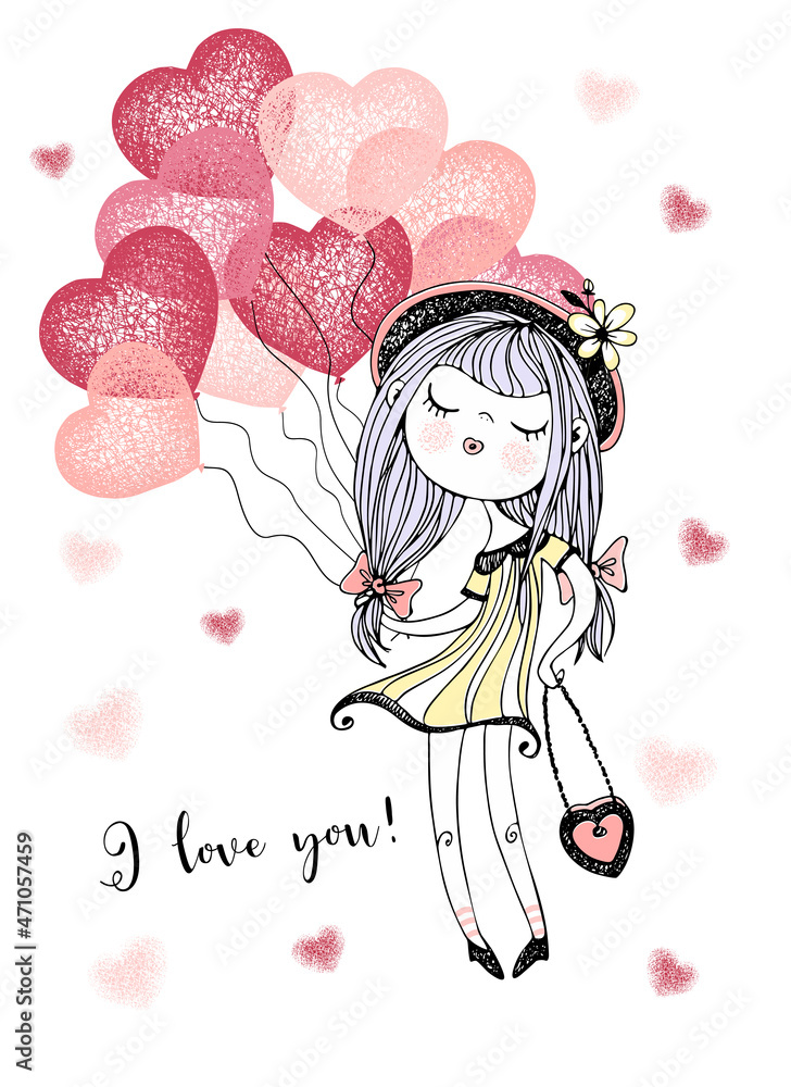 A Valentine's Day card. Cute girl with balloon hearts. Vector A Valentine's Day card. Cute girl with balloon hearts. Vector