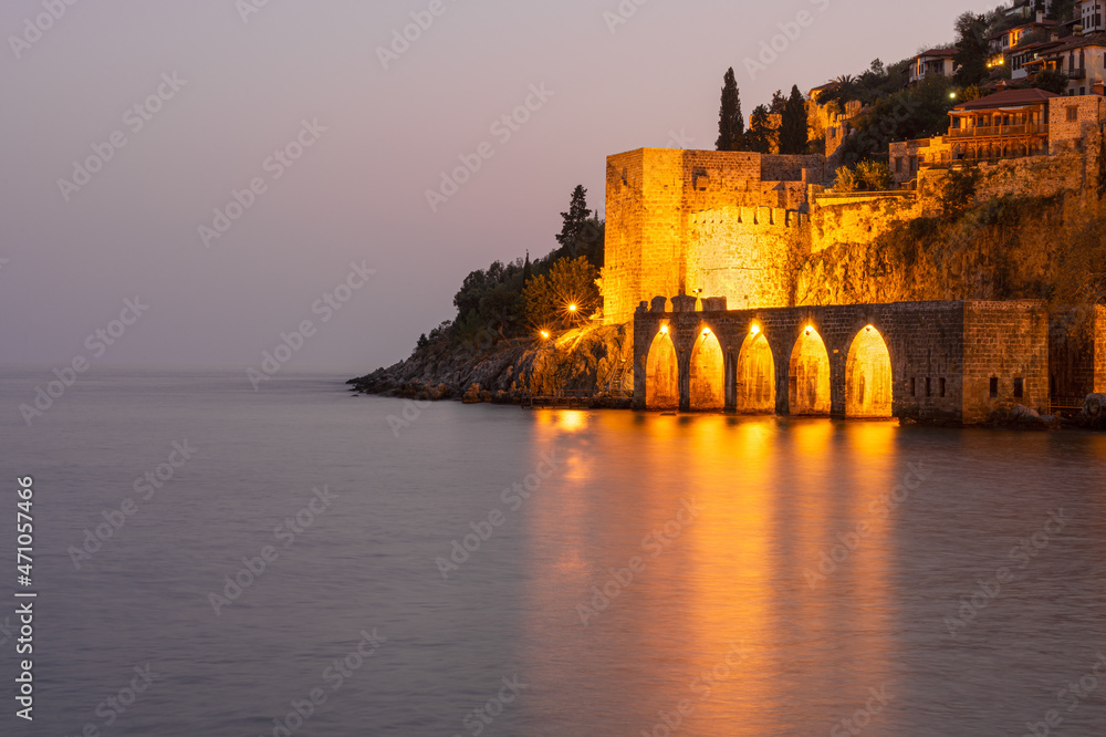 Landscape of the sea coast of the city of Alanya in the evening.