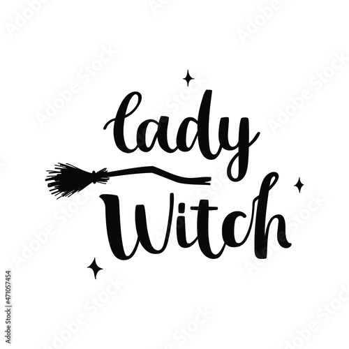 Brush ink calligraphy - lady witch - decorated with a broom stick and stars. Pretty black hand drawn vector isolated on white background.
