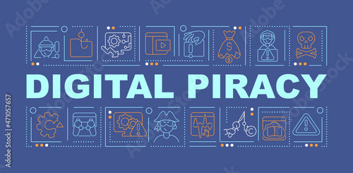 Online piracy word concepts banner. Intellectual property protection. Infographics with linear icons on blue background. Isolated creative typography. Vector outline color illustration with text