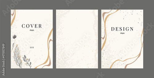 Set of abstract backgrounds, templates in trendy earthy colors. Modern design with linear floral illustrations, golden lines and abstract shapes with texture. Covered under mask, easy to use.