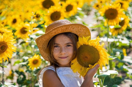Child girl in a field of sunflowers. Selective focus.