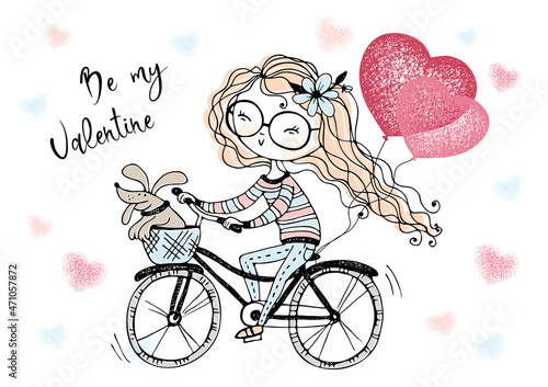 A Valentine's Day card. Cute girl with balloons rides a bike. Be my Valentine. Vector