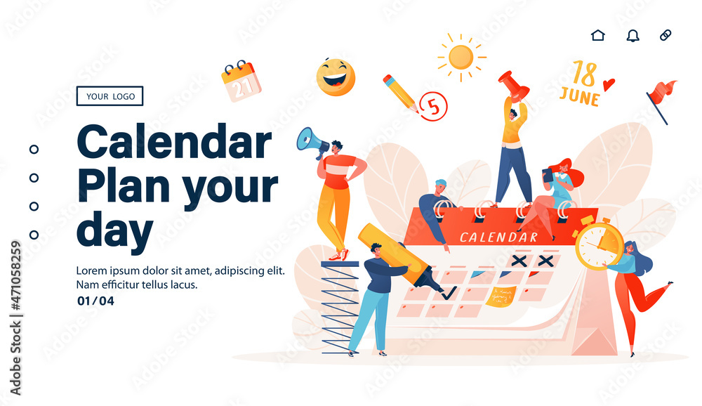 Fototapeta premium Day planning, notification of work organization and life events, memo reminder, work plan template landing page. Time management. Cartoon vector illustration with characters around a large calendar.