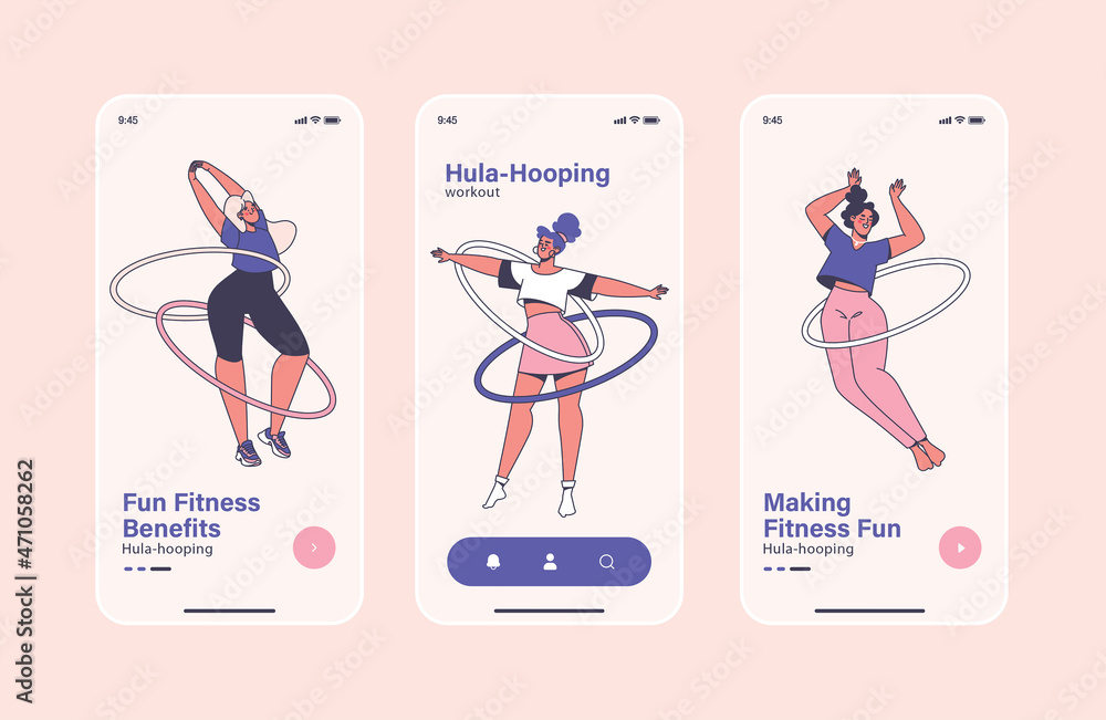 Mobile app page onboard screen template hula hoop exercises, morning  exercise, fitness and sports for girls. Young girls spinning hoops around  their waists and dance. Healthy lifestyle concept. vector de Stock