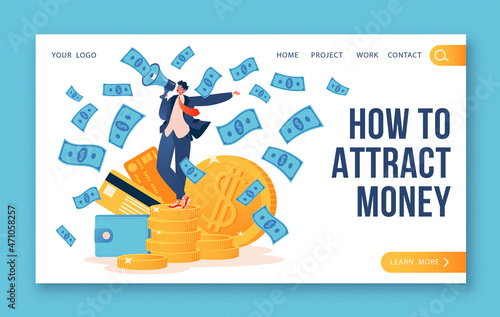 Concept of fundraising, business contribution, startup capital, investing, raising money for business, enrichment strategy for template landing page, web site design. Flat cartoon vector illustration.