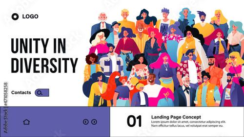 Unity in diversity. Landing page concept, web page design with vector illustration. A crowd of diverse, multicultural, multiracial people of different ages standing together.