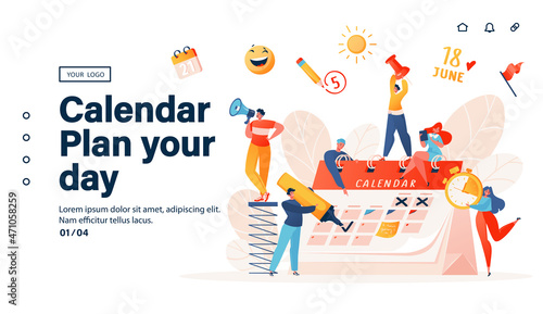 Day planning, notification of work organization and life events, memo reminder, work plan template landing page. Time management. Cartoon vector illustration with characters around a large calendar.