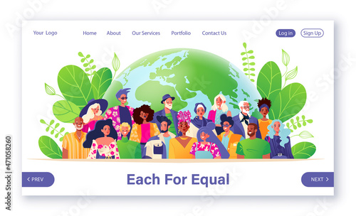 Landing page template. Democracy, equality, non-discrimination, tolerance. Smiling people, different nationalities on background of planet, globe, Earth. Web design with vector illustration.